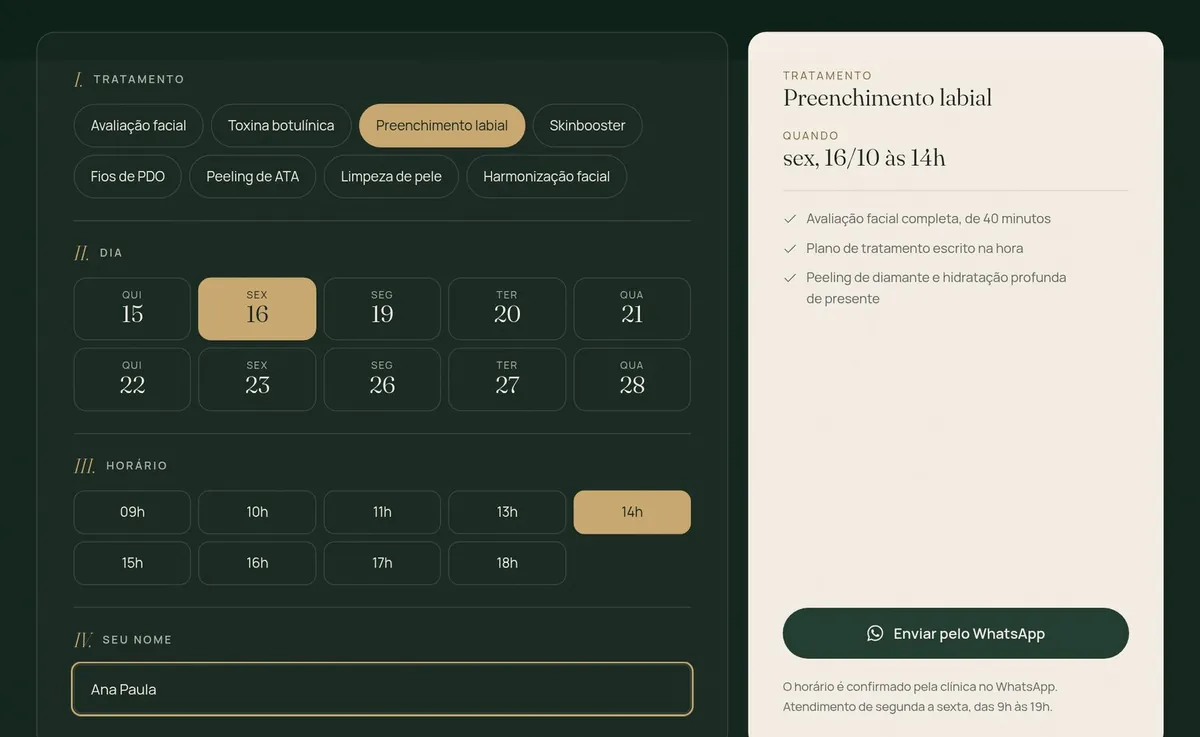 Agenda online: tratamento, dia, horário e nome, com botão Enviar pelo WhatsApp