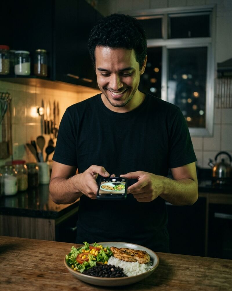 Homem fotografando o prato do jantar com o celular pra mandar pro coach