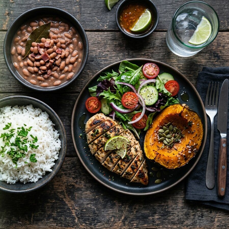 Prato de arroz, feijão, frango grelhado, abóbora e salada visto de cima