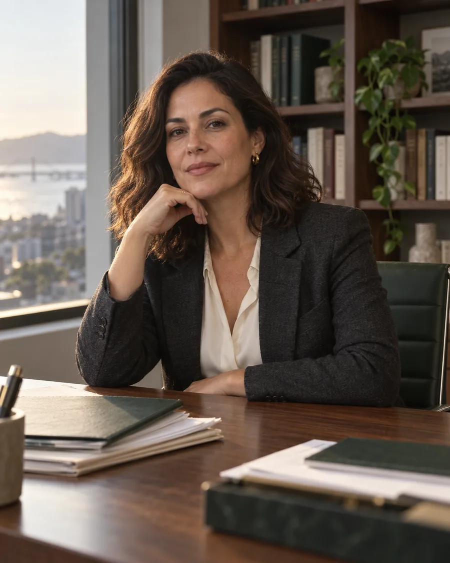 Retrato de Marina Wendhausen à mesa do escritório