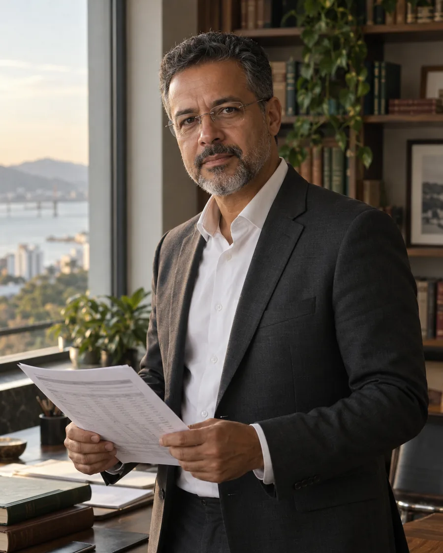 Retrato de Otávio Faraco, de pé junto à janela, segurando uma planilha de cálculos