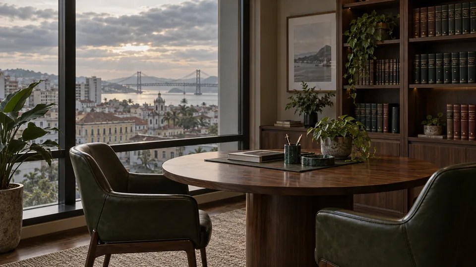 Sala de reunião do escritório: mesa redonda de madeira, poltronas de couro verde, estantes de livros e a janela com o Centro de Florianópolis e a ponte Hercílio Luz ao fundo