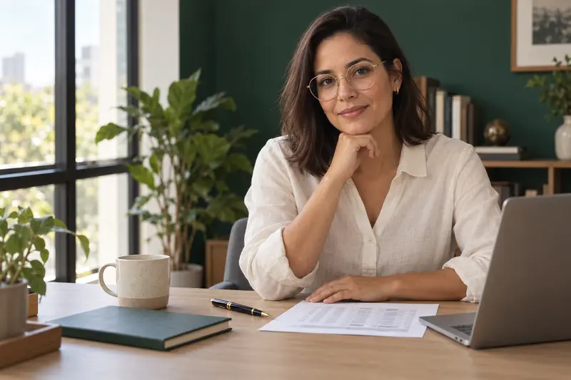 Lívia Bastos, contadora da Pauta, à mesa do escritório com o resumo do mês de um cliente