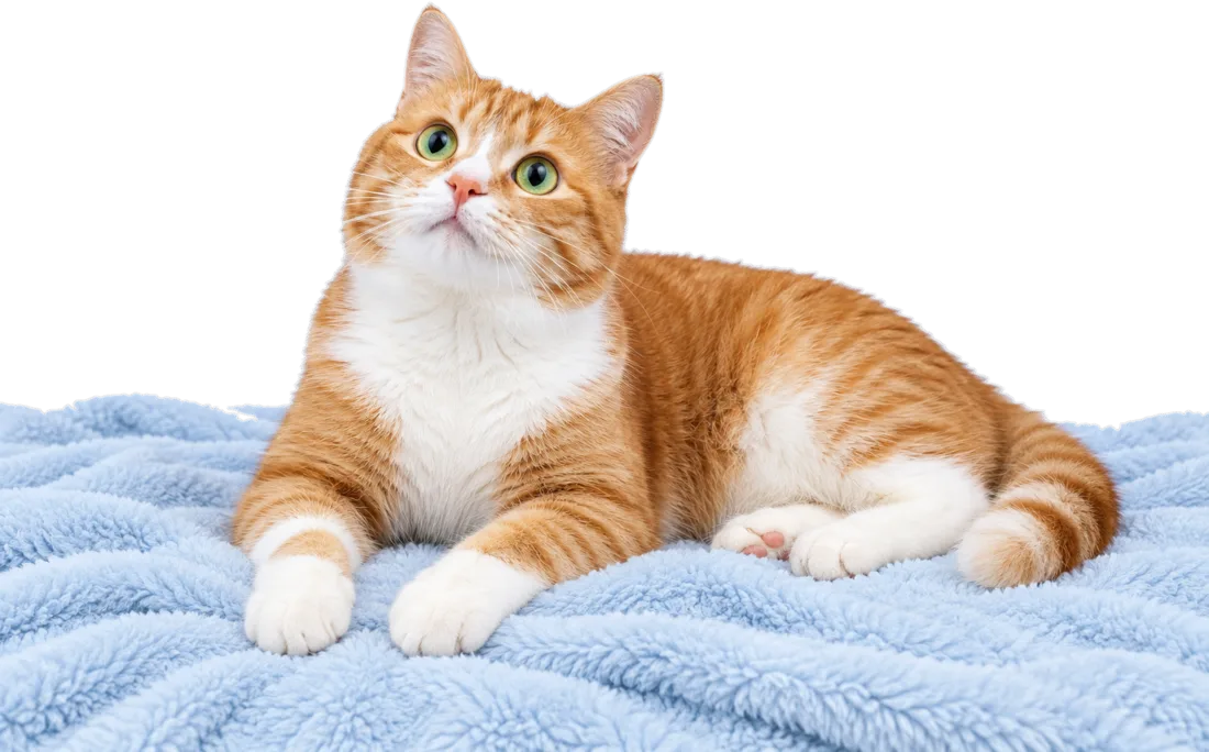 Gato laranja e branco olhando para cima, deitado numa manta azul