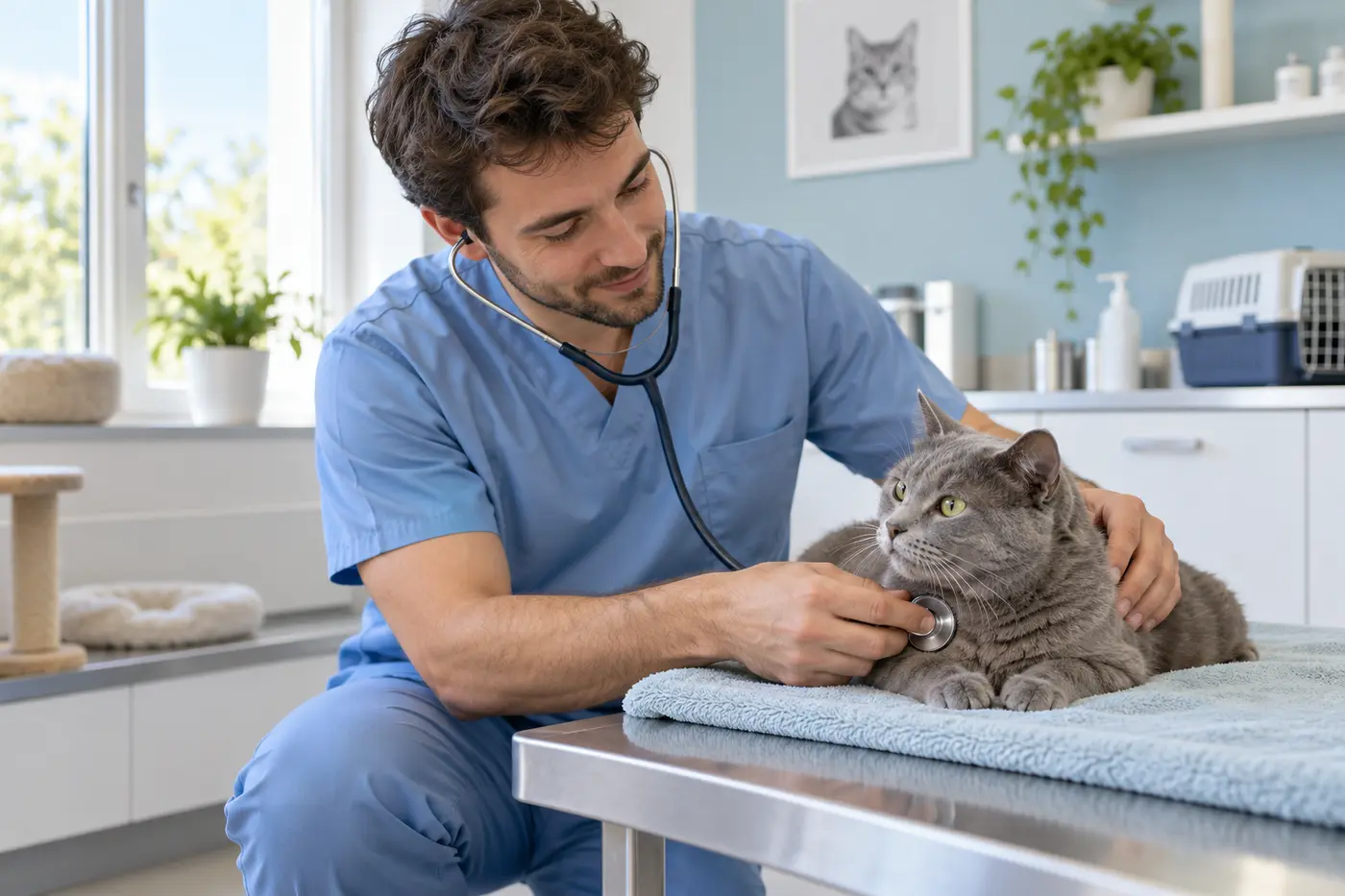 Veterinário examinando um gato cinza com estetoscópio