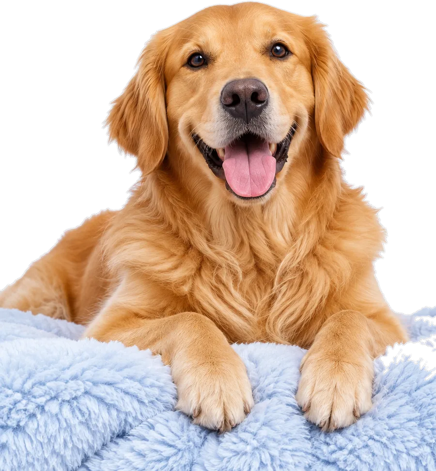 Golden retriever sorrindo com a língua de fora, patas apoiadas numa manta azul fofa