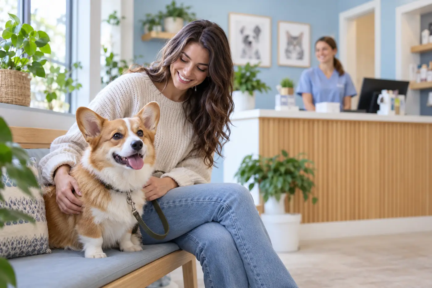 Tutora sorrindo com o corgi no colo, na recepção clara da clínica