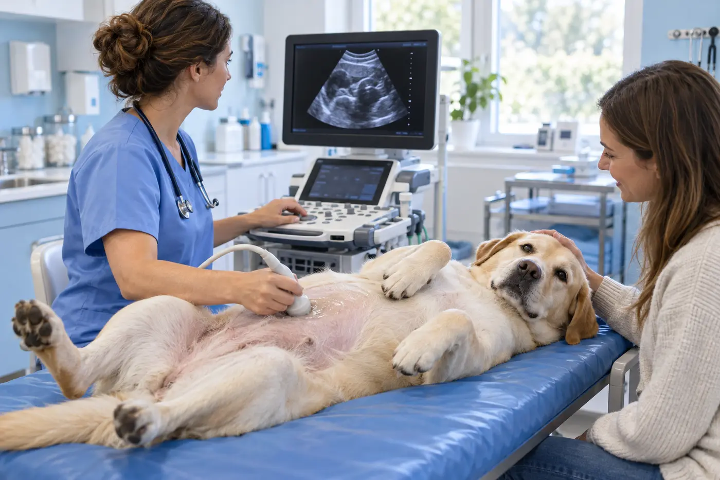 Ultrassom sendo feito num cachorro deitado tranquilo