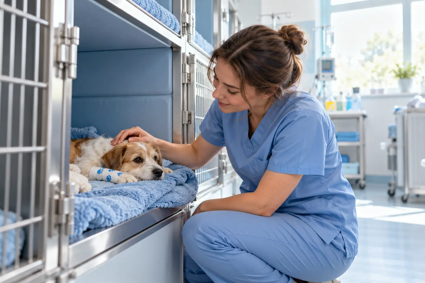 Cachorro descansando numa baia azul da internação, com a enfermeira fazendo carinho