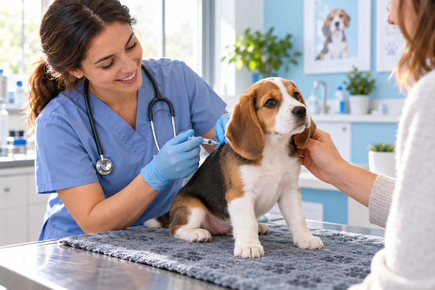 Veterinária vacinando um filhote de beagle na mesa de exame