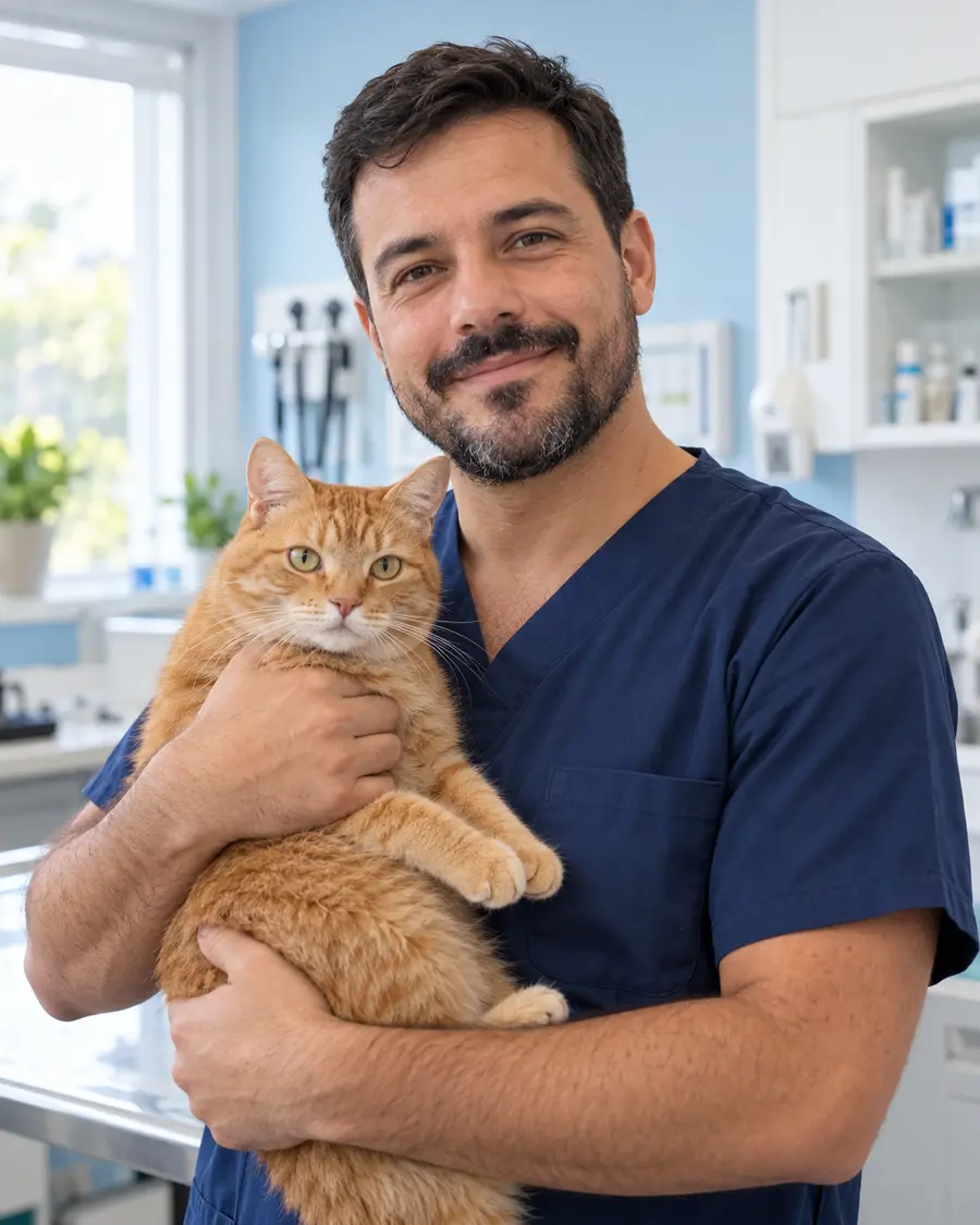 Dr. Rafael abraçando um gato laranja