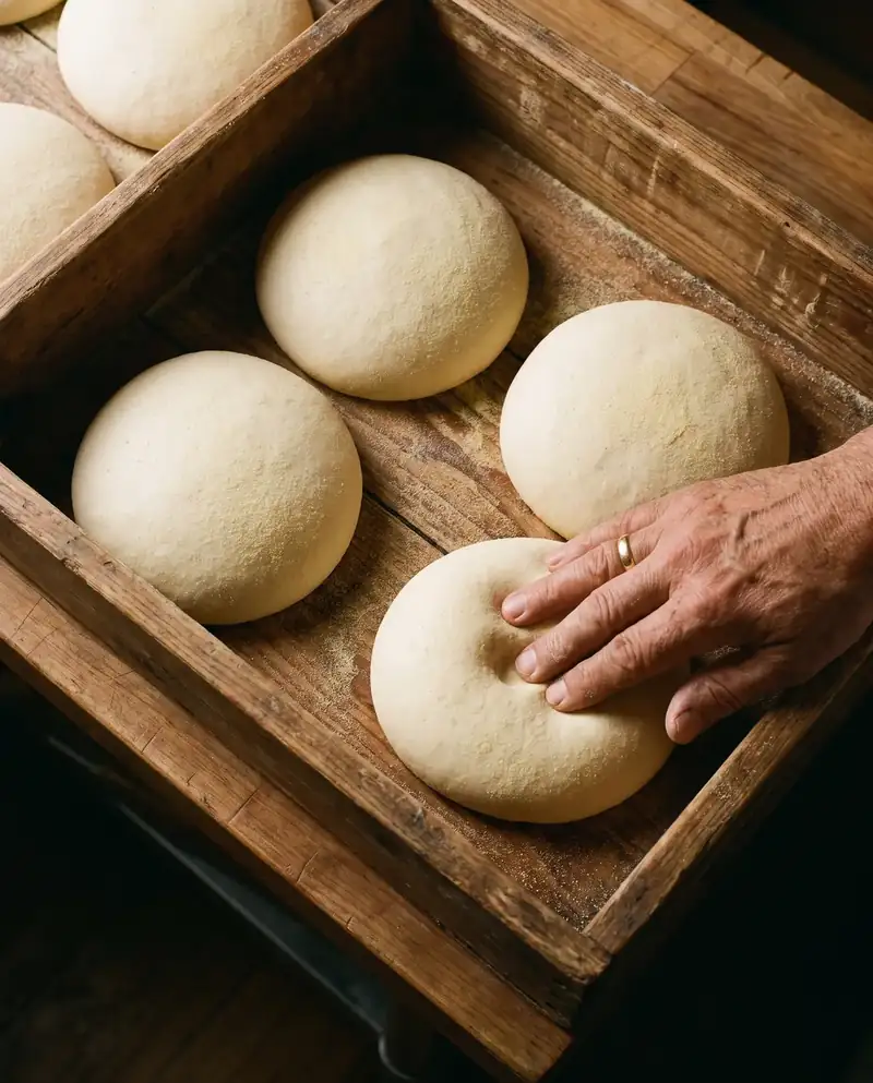 Caixa de fermentação cheia de bolinhas de massa