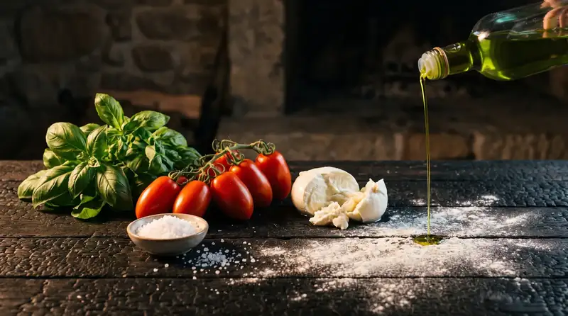 Tomates San Marzano, manjericão, mozzarella aberta e azeite sobre a mesa de madeira escura