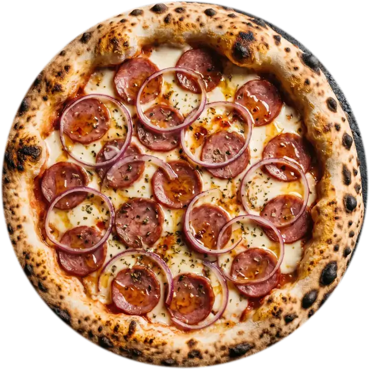 Pizza de calabresa com cebola roxa vista de cima