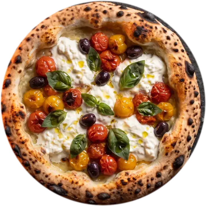 Pizza de tomatinhos assados com stracciatella vista de cima