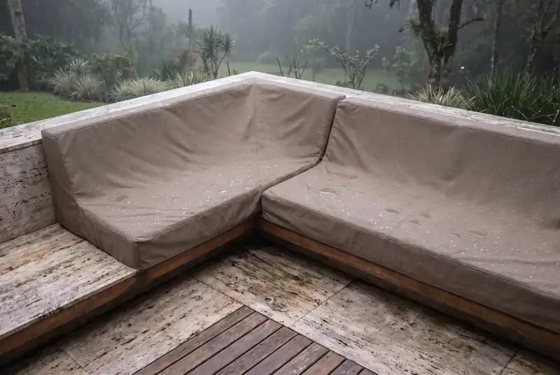 O mesmo sofá protegido por uma capa taupe sob medida, com gotas de chuva sobre o tecido