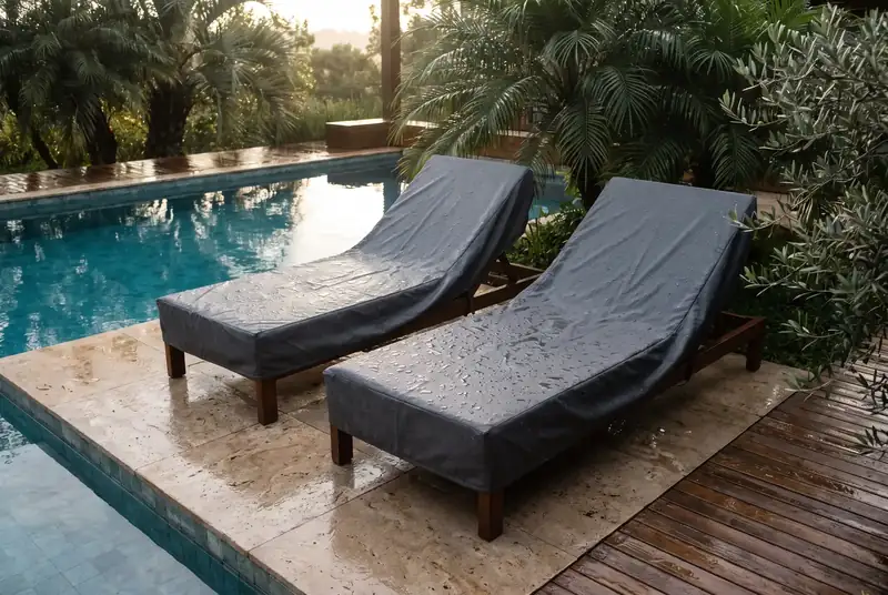 Duas espreguiçadeiras à beira da piscina cobertas por capas grafite sob medida, molhadas de chuva