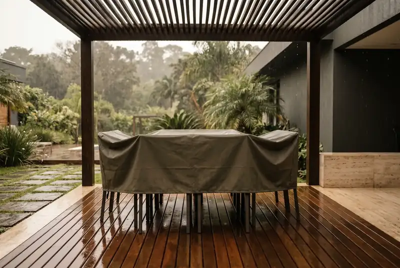 Mesa de jantar externa com seis cadeiras sob um pergolado, toda coberta por uma capa oliva sob medida, em dia de chuva
