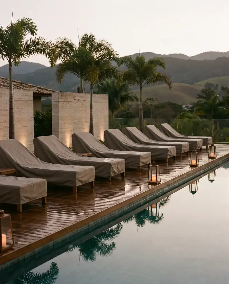 Deck de piscina de pousada ao entardecer, com uma fileira de espreguiçadeiras cobertas por capas taupe sob medida