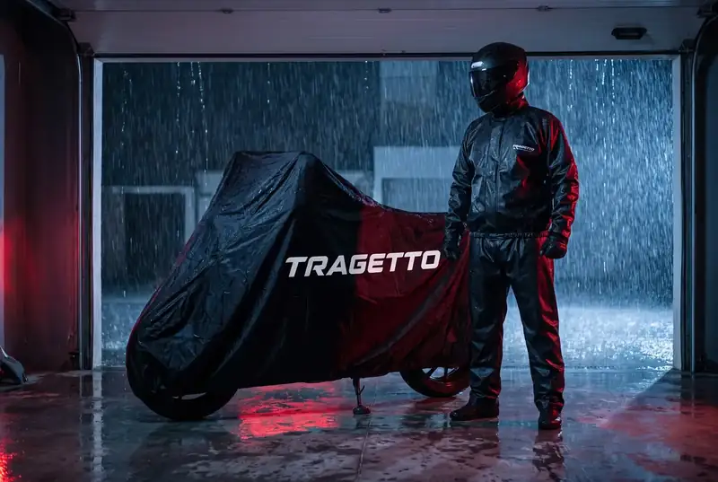 Moto coberta por capa preta e vermelha com o nome Tragetto numa garagem, com chuva lá fora