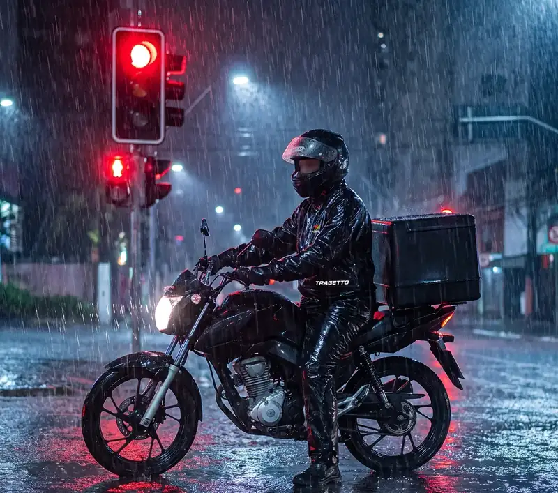 Entregador de moto parado no semáforo vermelho à noite na chuva, vestindo capa de chuva preta Tragetto